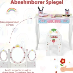 Kinderschminktisch Set Prinzessin Frisiertisch mit Klappbarem Spiegel 70 x 34 x 105 cm Weiß