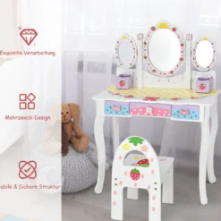 Kinderschminktisch Set Prinzessin Frisiertisch mit Klappbarem Spiegel 70 x 34 x 105 cm Weiß