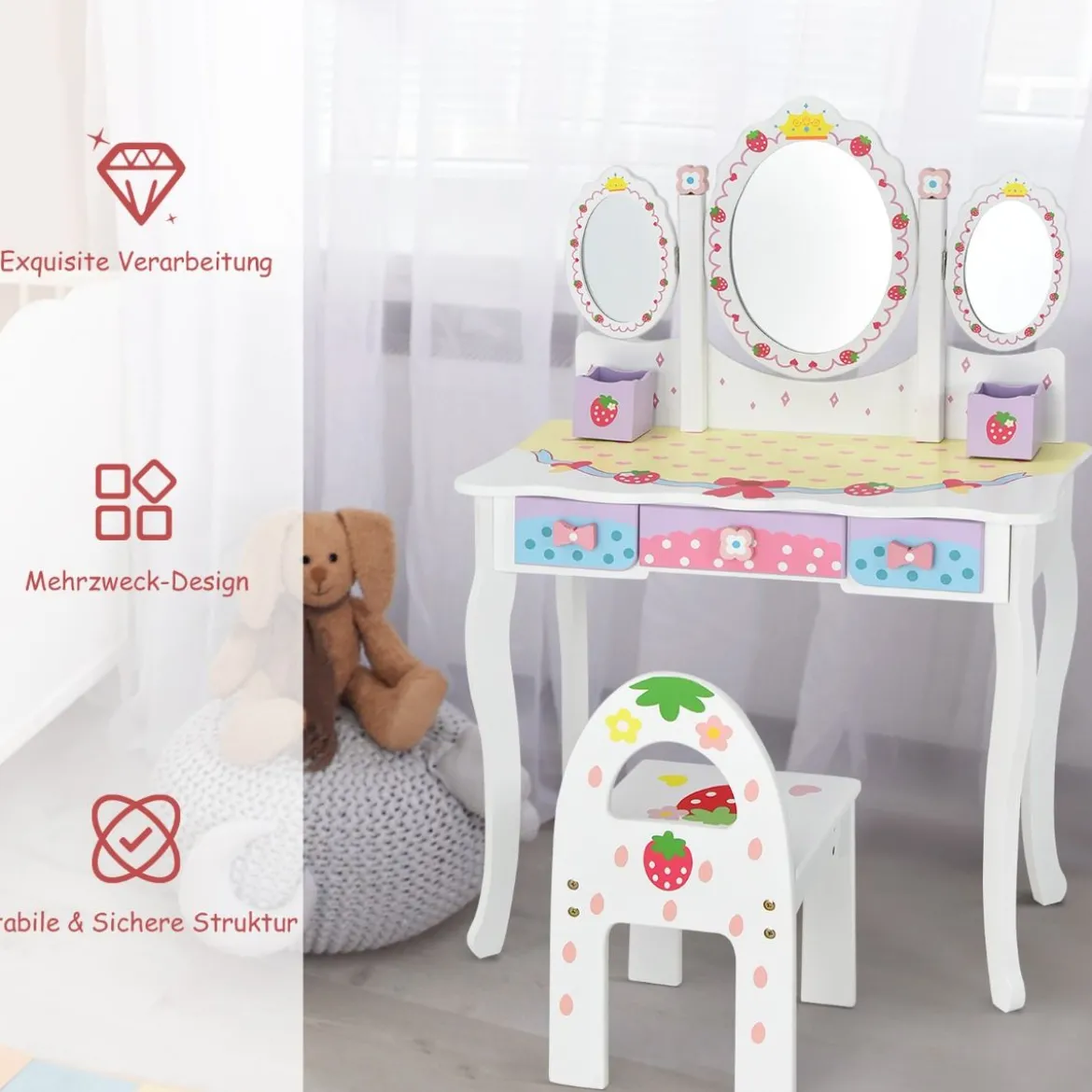 Kinderschminktisch Set Prinzessin Frisiertisch mit Klappbarem Spiegel 70 x 34 x 105 cm Weiß