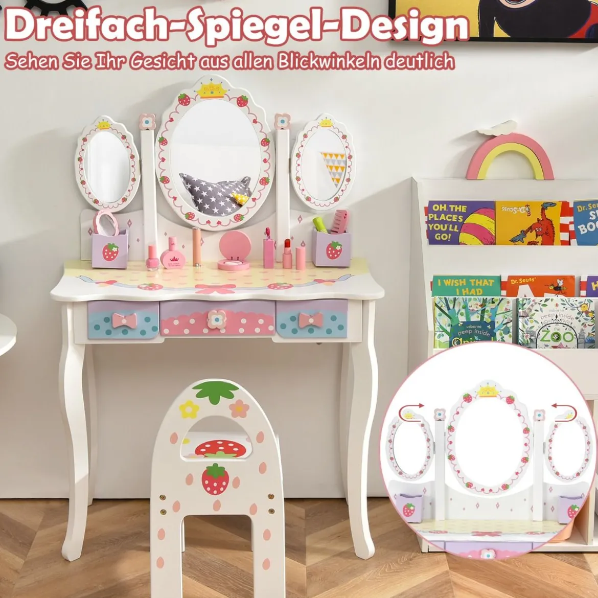 Kinderschminktisch Set Prinzessin Frisiertisch mit Klappbarem Spiegel 70 x 34 x 105 cm Weiß