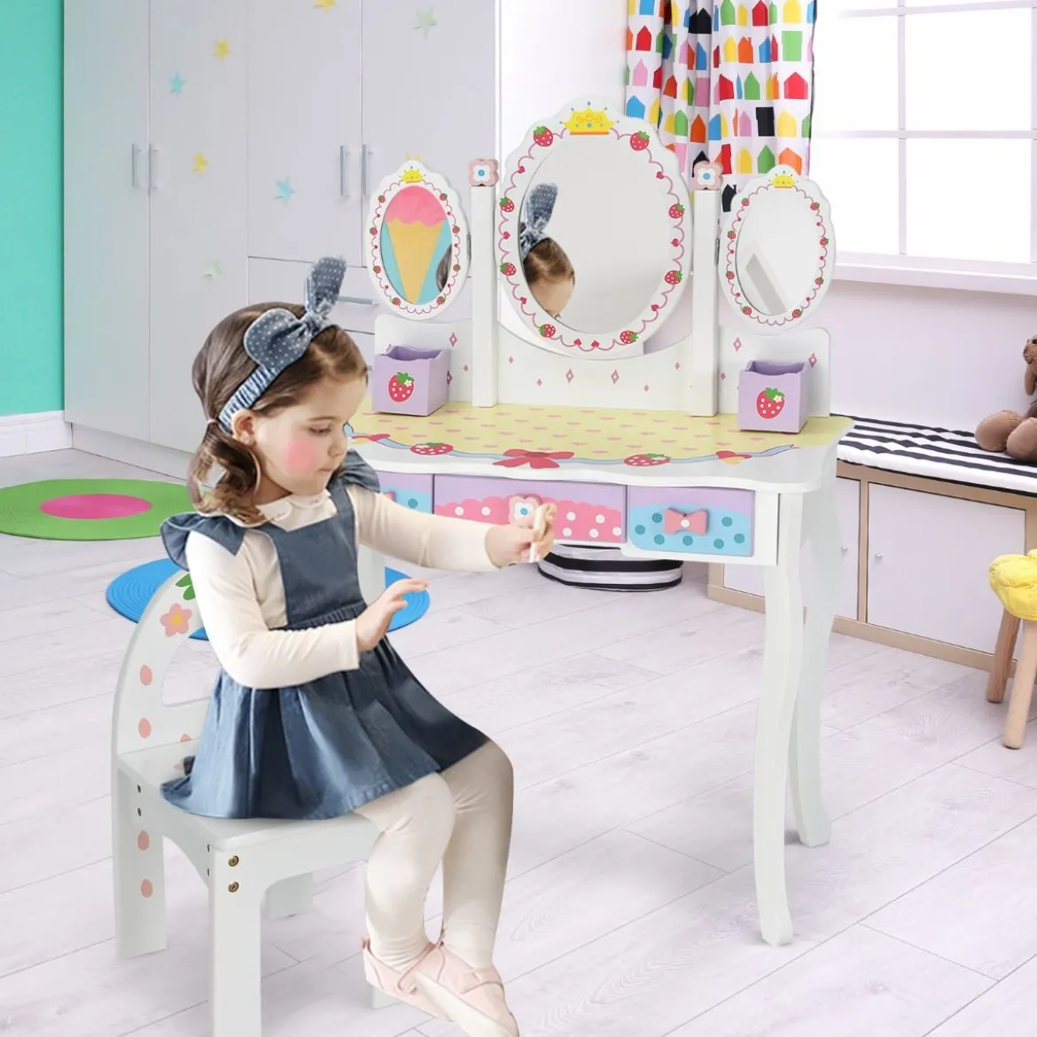 Kinderschminktisch Set Prinzessin Frisiertisch mit Klappbarem Spiegel 70 x 34 x 105 cm Weiß
