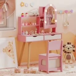 Kinderschminktisch- und Stuhl-Set Frisiertisch mit Spiegel mit 3-Farbbeleuchtung einstellbare Helligkeit Rosa