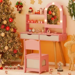 Kinderschminktisch- und Stuhl-Set Frisiertisch mit Spiegel mit 3-Farbbeleuchtung einstellbare Helligkeit Rosa