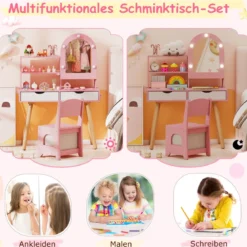 Kinderschminktisch- und Stuhl-Set Frisiertisch mit Spiegel mit 3-Farbbeleuchtung einstellbare Helligkeit Rosa