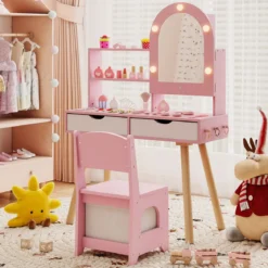 Kinderschminktisch- und Stuhl-Set Frisiertisch mit Spiegel mit 3-Farbbeleuchtung einstellbare Helligkeit Rosa