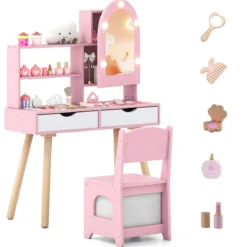 Kinderschminktisch- und Stuhl-Set Frisiertisch mit Spiegel mit 3-Farbbeleuchtung einstellbare Helligkeit Rosa