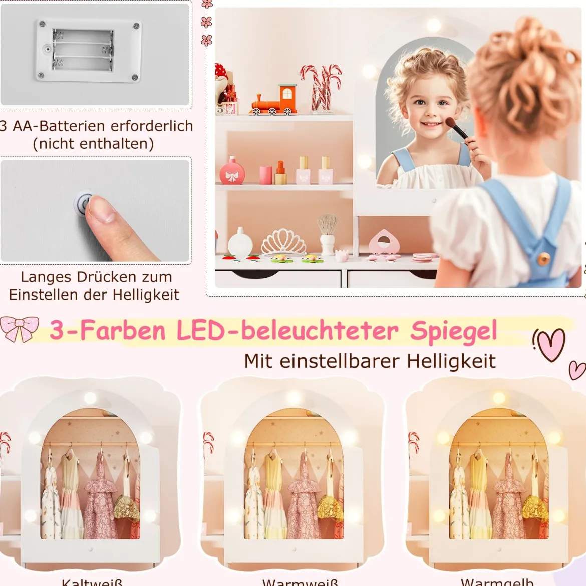 Kinderschminktisch- und Stuhl-Set Frisiertisch mit Spiegel mit 3-Farbbeleuchtung einstellbare Helligkeit Weiß
