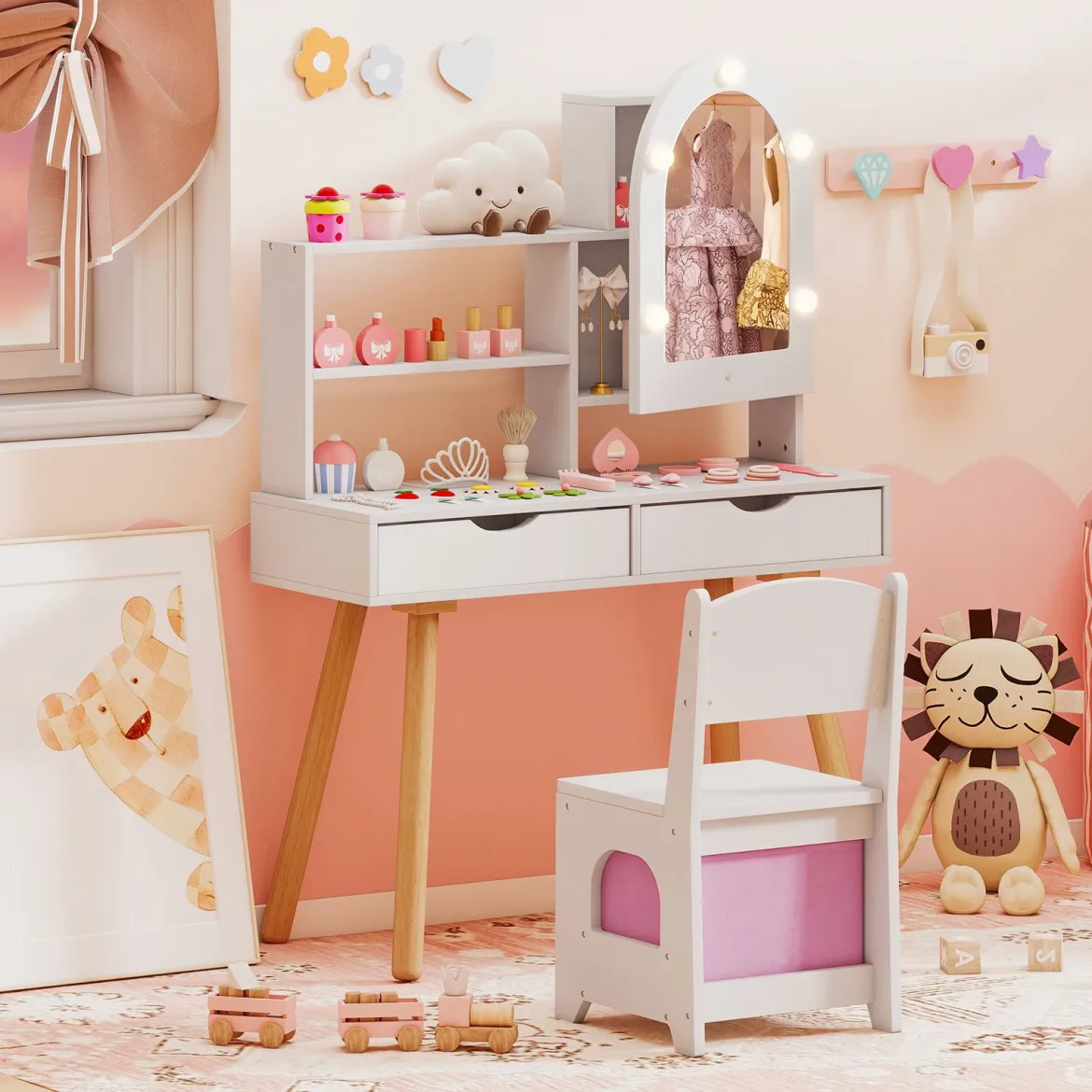 Kinderschminktisch- und Stuhl-Set Frisiertisch mit Spiegel mit 3-Farbbeleuchtung einstellbare Helligkeit Weiß