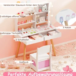 Kinderschminktisch- und Stuhl-Set Frisiertisch mit Spiegel mit 3-Farbbeleuchtung einstellbare Helligkeit Weiß