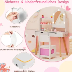 Kinderschminktisch- und Stuhl-Set Frisiertisch mit Spiegel mit 3-Farbbeleuchtung einstellbare Helligkeit Weiß