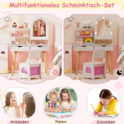 Kinderschminktisch- und Stuhl-Set Frisiertisch mit Spiegel mit 3-Farbbeleuchtung einstellbare Helligkeit Weiß