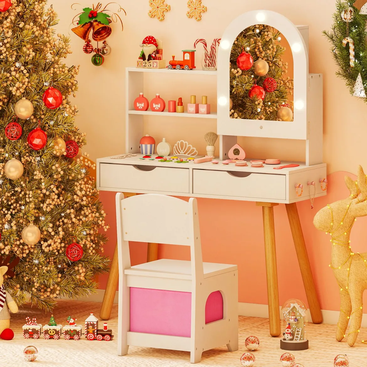 Kinderschminktisch- und Stuhl-Set Frisiertisch mit Spiegel mit 3-Farbbeleuchtung einstellbare Helligkeit Weiß