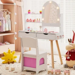 Kinderschminktisch- und Stuhl-Set Frisiertisch mit Spiegel mit 3-Farbbeleuchtung einstellbare Helligkeit Weiß