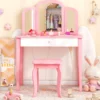 Kinder Schminktisch- und Stuhl-Set Schminktisch-Set mit Klappbarem Spiegel & Schublade Rosa + Weiß