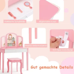 Kinder Schminktisch- und Stuhl-Set Schminktisch-Set mit Klappbarem Spiegel & Schublade Rosa + Weiß
