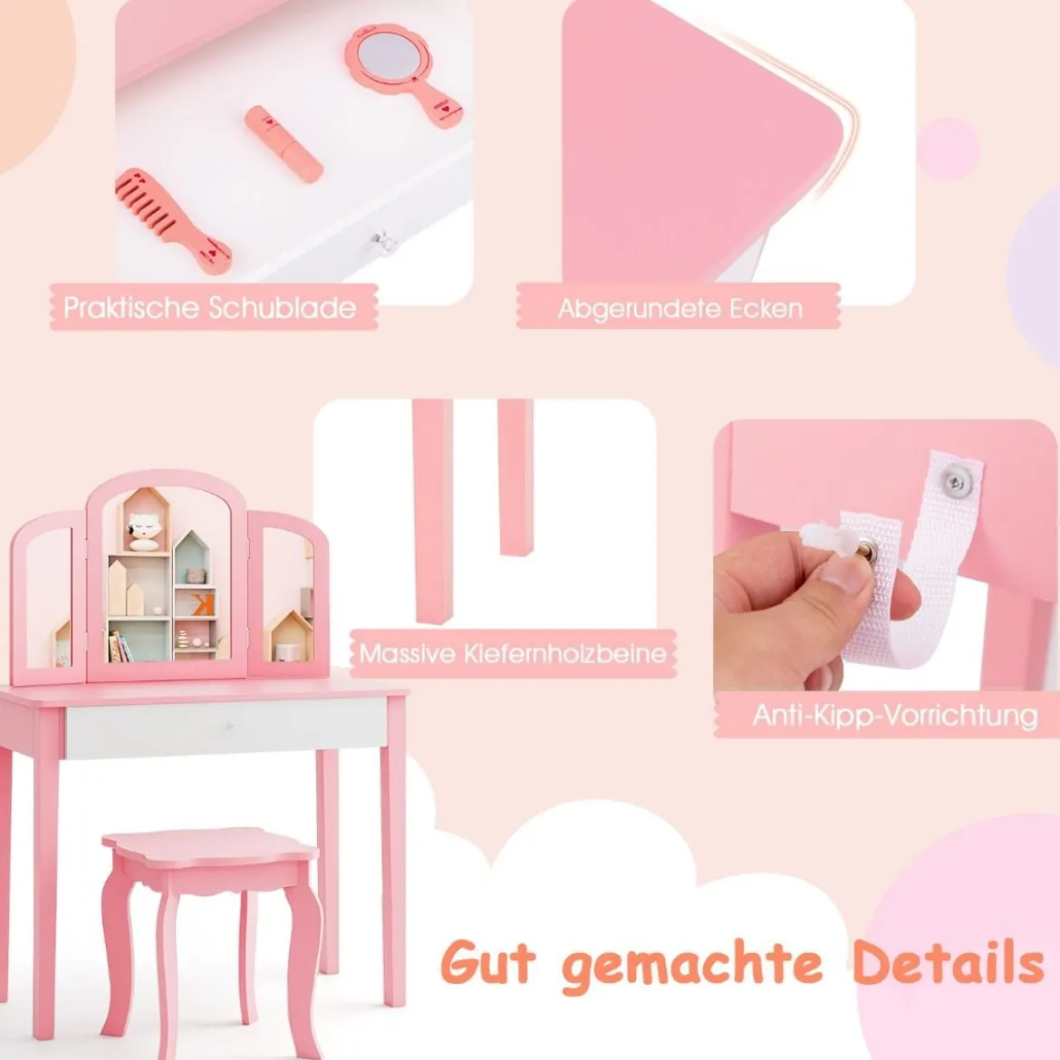 Kinder Schminktisch- und Stuhl-Set Schminktisch-Set mit Klappbarem Spiegel & Schublade Rosa + Weiß