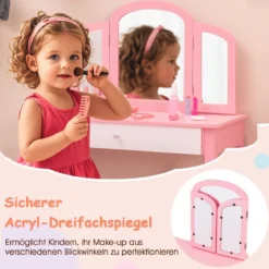 Kinder Schminktisch- und Stuhl-Set Schminktisch-Set mit Klappbarem Spiegel & Schublade Rosa + Weiß