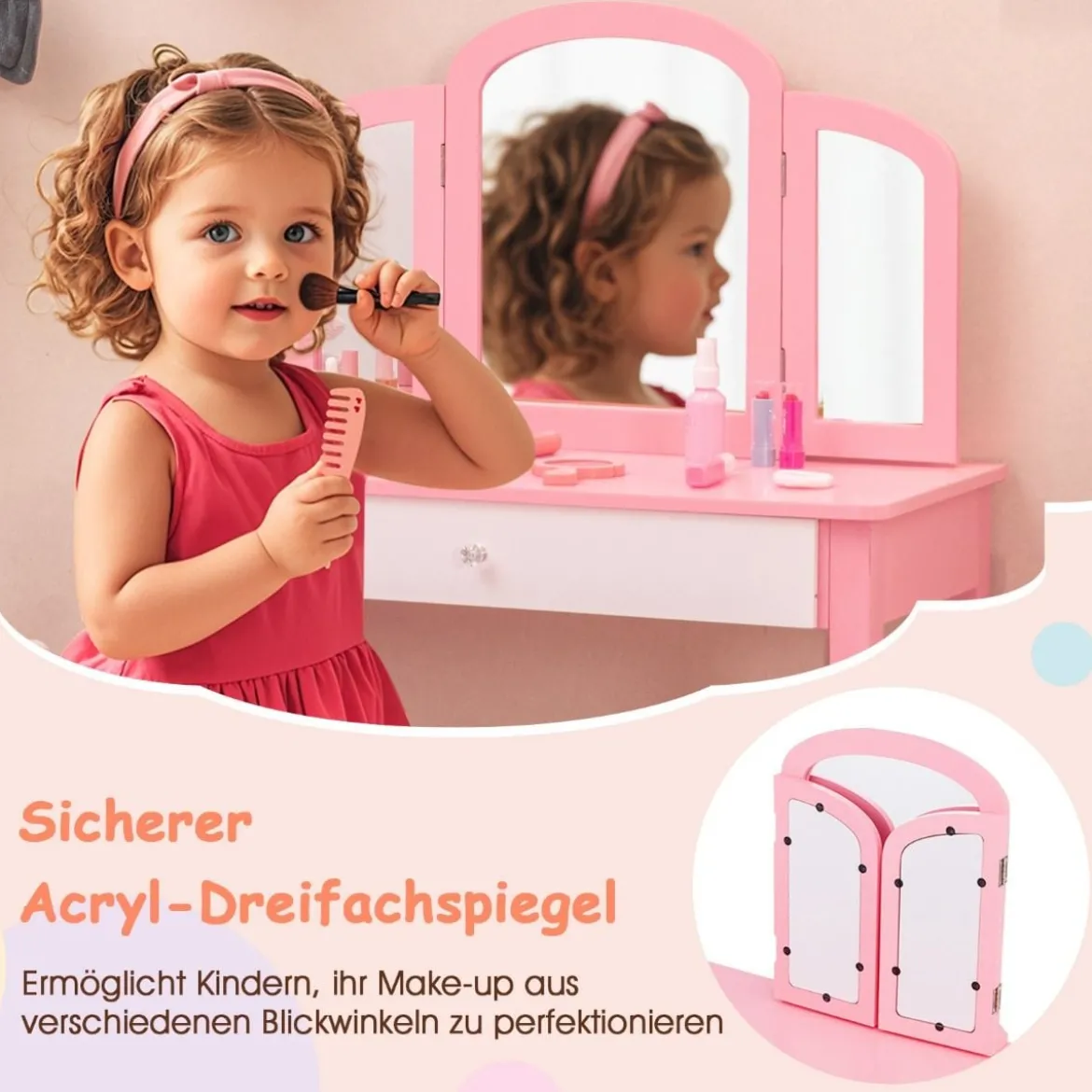 Kinder Schminktisch- und Stuhl-Set Schminktisch-Set mit Klappbarem Spiegel & Schublade Rosa + Weiß