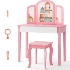 Kinder Schminktisch- und Stuhl-Set Schminktisch-Set mit Klappbarem Spiegel & Schublade Rosa + Weiß