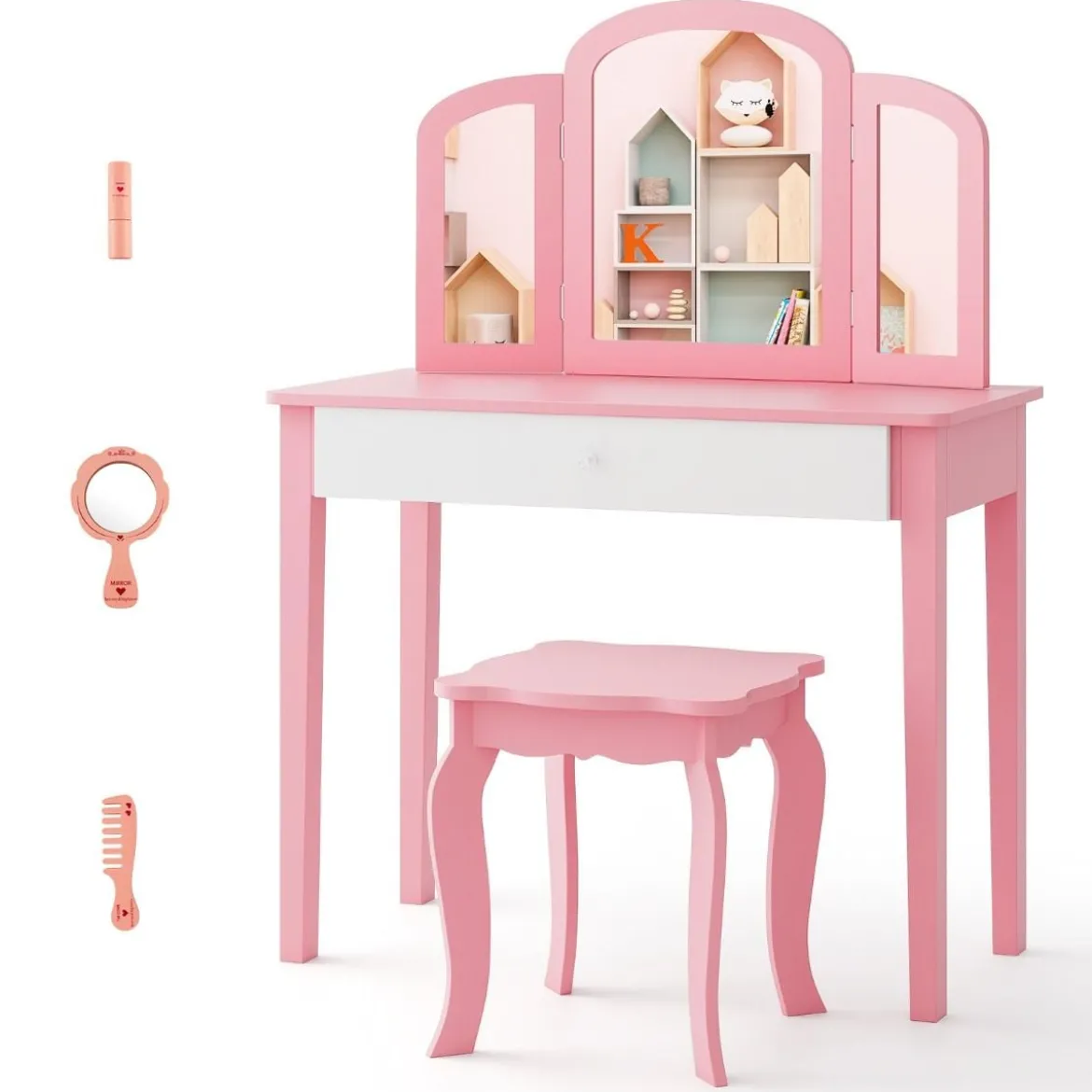 Kinder Schminktisch- und Stuhl-Set Schminktisch-Set mit Klappbarem Spiegel & Schublade Rosa + Weiß