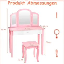 Kinder Schminktisch- und Stuhl-Set Schminktisch-Set mit Klappbarem Spiegel & Schublade Rosa + Weiß