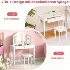 Kinder Schminktisch und Stuhl Set Kinder Frisiertisch mit Dreifach Klappbarem Spiegel Weiß