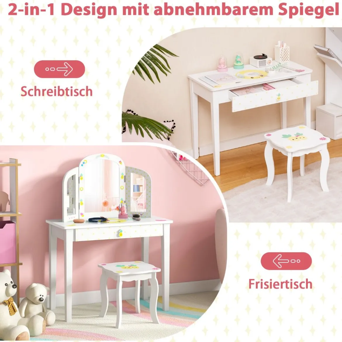 Kinder Schminktisch und Stuhl Set Kinder Frisiertisch mit Dreifach Klappbarem Spiegel Weiß