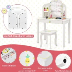 Kinder Schminktisch und Stuhl Set Kinder Frisiertisch mit Dreifach Klappbarem Spiegel Weiß