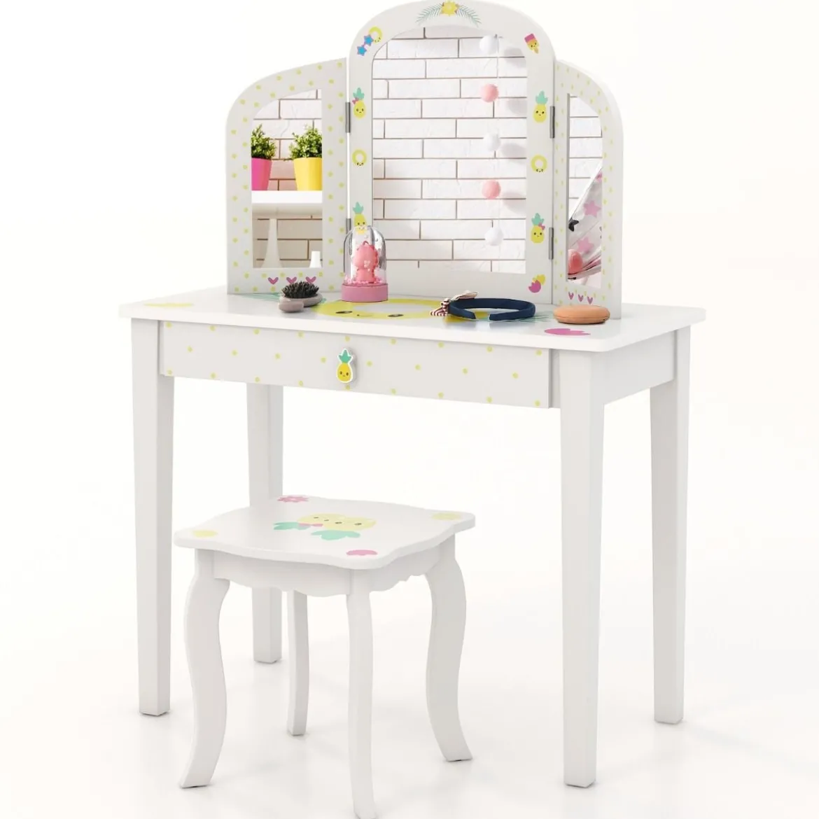 Kinder Schminktisch und Stuhl Set Kinder Frisiertisch mit Dreifach Klappbarem Spiegel Weiß