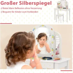Kinder Schminktisch und Stuhl Set Kinder Frisiertisch mit Dreifach Klappbarem Spiegel Weiß