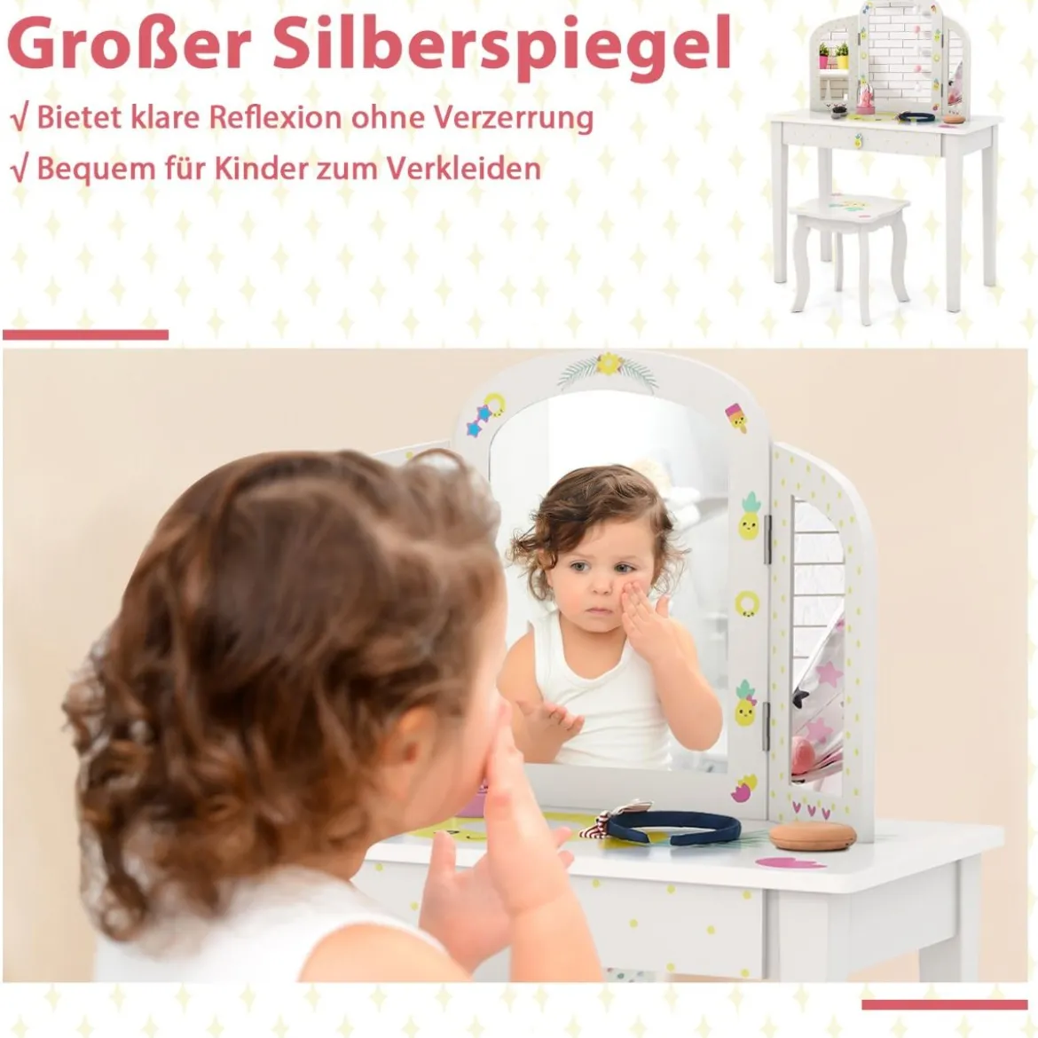 Kinder Schminktisch und Stuhl Set Kinder Frisiertisch mit Dreifach Klappbarem Spiegel Weiß