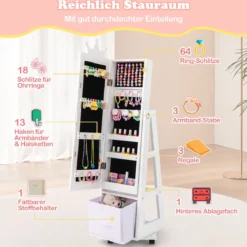 Kinder Schmuckschrank 3 in 1 Spiegelschrank 360°drehbarSchmuckregal mit Ganzkörperspiegel Weiß