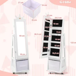 Kinder Schmuckschrank 3 in 1 Spiegelschrank 360°drehbarSchmuckregal mit Ganzkörperspiegel Weiß