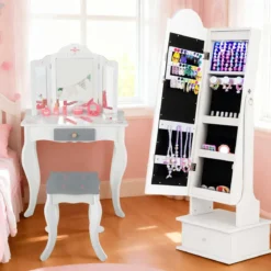 Kinder Schmuckschrank mit Beleuchtung Stehender Schmuckorganizer mit Ganzkörperspiegel Weiß