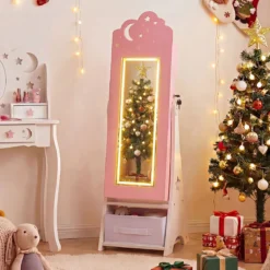 Kinder Schmuckschrank mit Beleuchtung stehender Schmuckorganizer für Kinder mit Ganzkörperspiegel Rosa