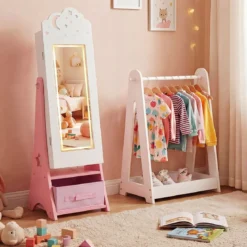 Kinder Schmuckschrank mit Beleuchtung Stehender Schmuckorganizer mit Ganzkörperspiegel Weiß