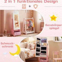 Kinder Schmuckschrank mit Beleuchtung Stehender Schmuckorganizer mit Ganzkörperspiegel Weiß