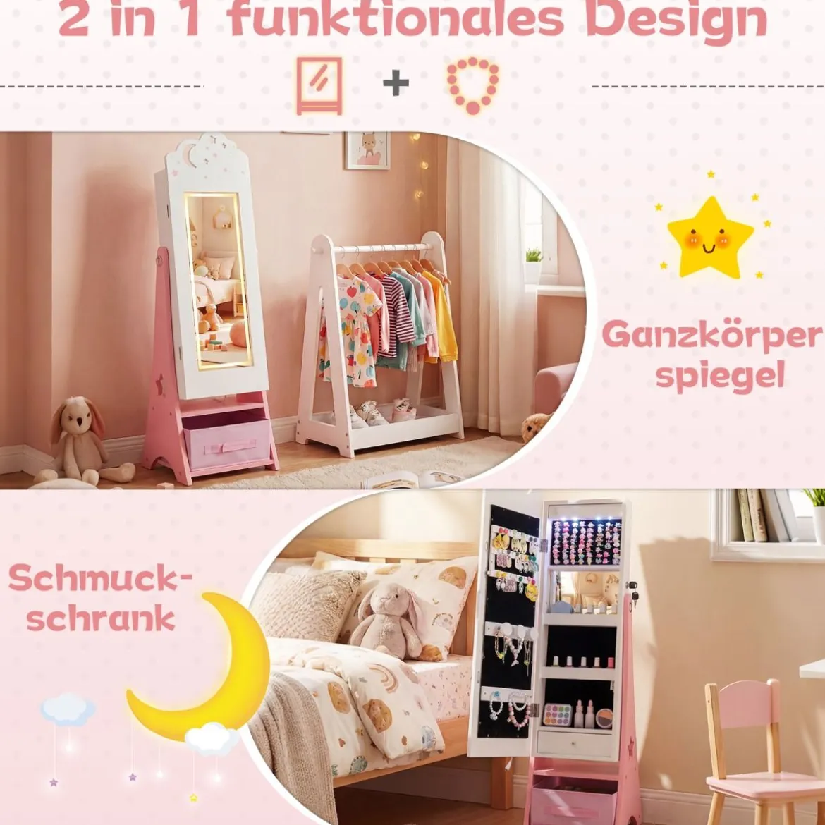 Kinder Schmuckschrank mit Beleuchtung Stehender Schmuckorganizer mit Ganzkörperspiegel Weiß