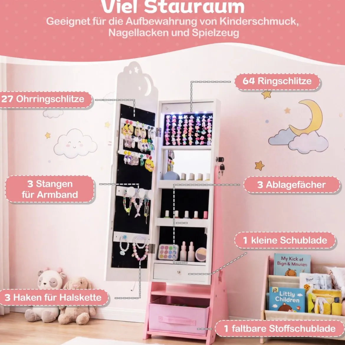 Kinder Schmuckschrank mit Beleuchtung Stehender Schmuckorganizer mit Ganzkörperspiegel Weiß