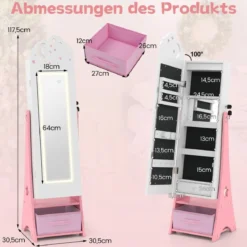 Kinder Schmuckschrank mit Beleuchtung Stehender Schmuckorganizer mit Ganzkörperspiegel Weiß