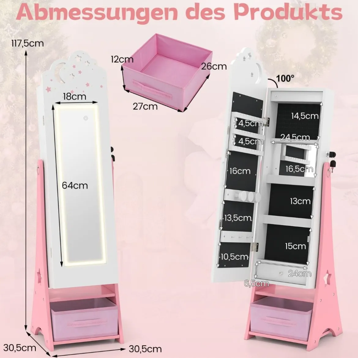 Kinder Schmuckschrank mit Beleuchtung Stehender Schmuckorganizer mit Ganzkörperspiegel Weiß