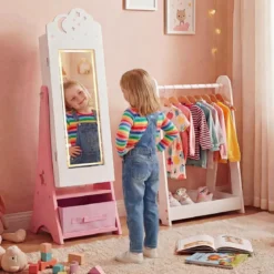 Kinder Schmuckschrank mit Beleuchtung Stehender Schmuckorganizer mit Ganzkörperspiegel Weiß