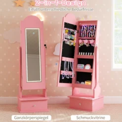Kinder Schmuckschrank mit Beleuchtung Stehender Schmuckorganizer mit Ganzkörperspiegel Rosa