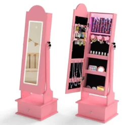 Kinder Schmuckschrank mit Beleuchtung Stehender Schmuckorganizer mit Ganzkörperspiegel Rosa