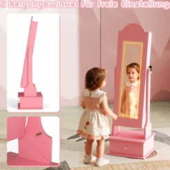 Kinder Schmuckschrank mit Beleuchtung Stehender Schmuckorganizer mit Ganzkörperspiegel Rosa