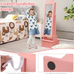 Kinder Schmuckschrank mit Ganzkörperspiegel & 2 Neigungswinkeln & 3 Schubladen Rosa