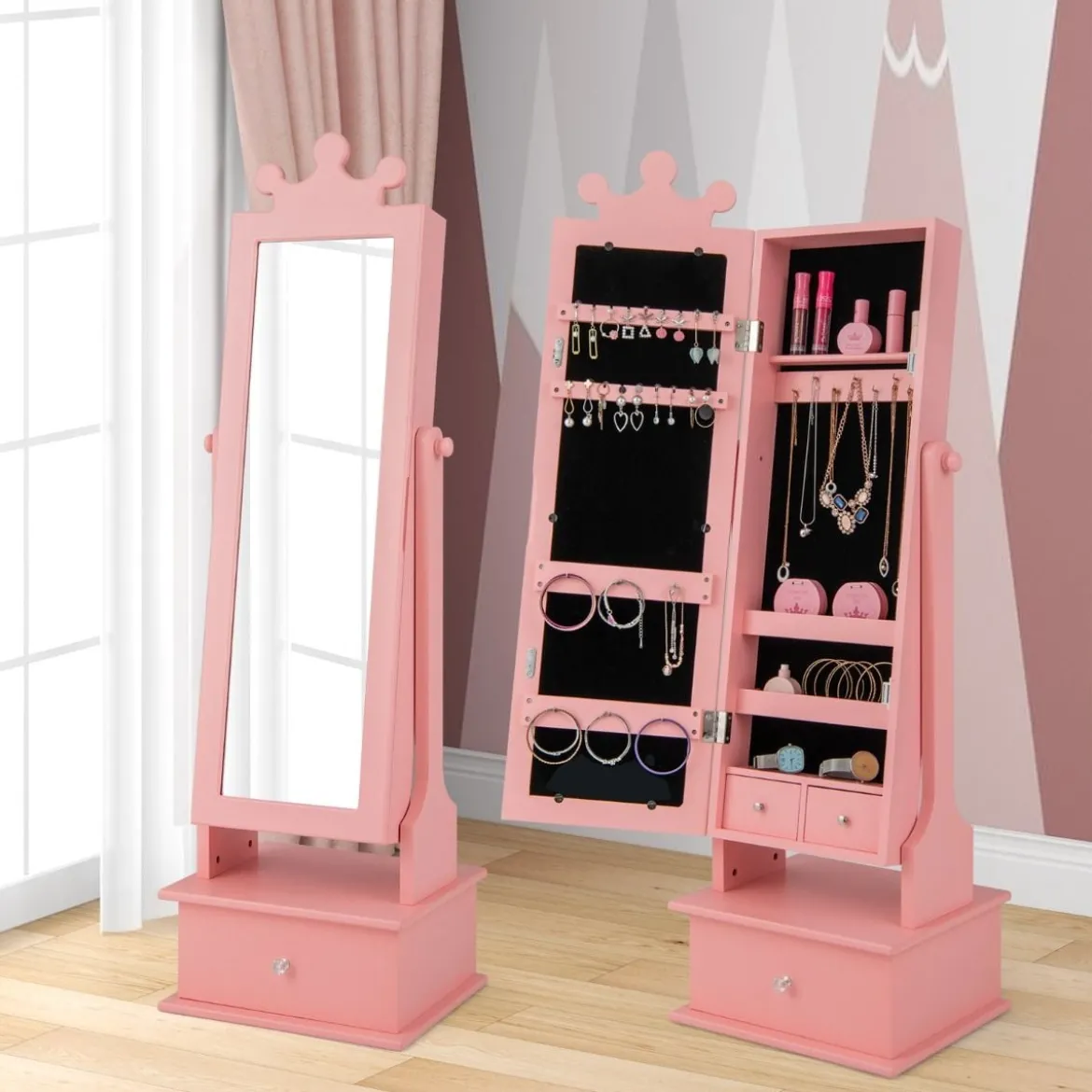 Kinder Schmuckschrank mit Ganzkörperspiegel & 2 Neigungswinkeln & 3 Schubladen Rosa