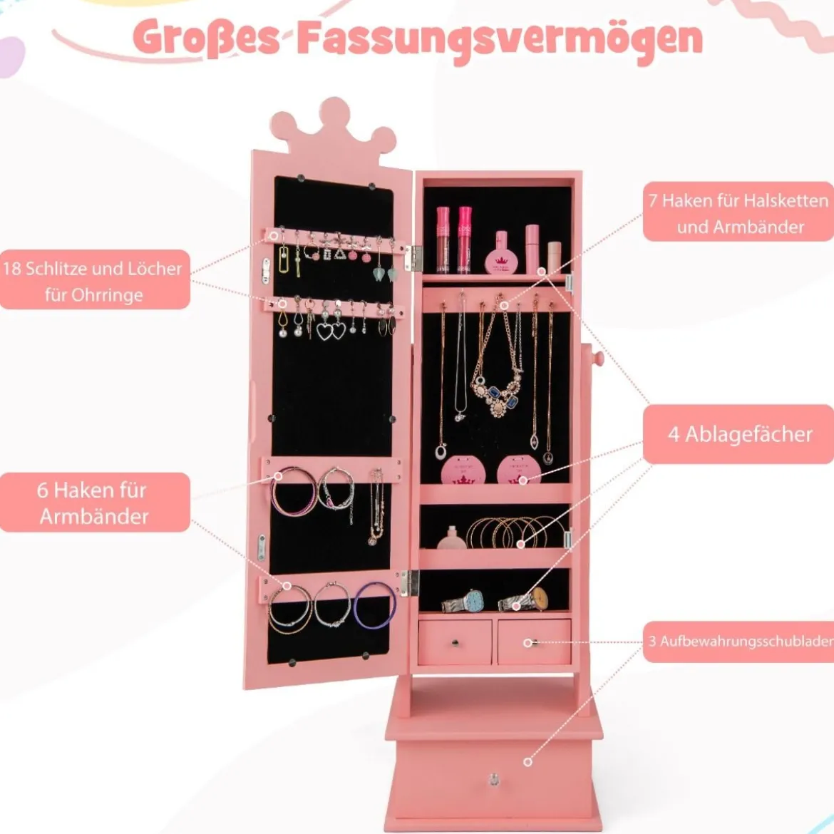 Kinder Schmuckschrank mit Ganzkörperspiegel & 2 Neigungswinkeln & 3 Schubladen Rosa
