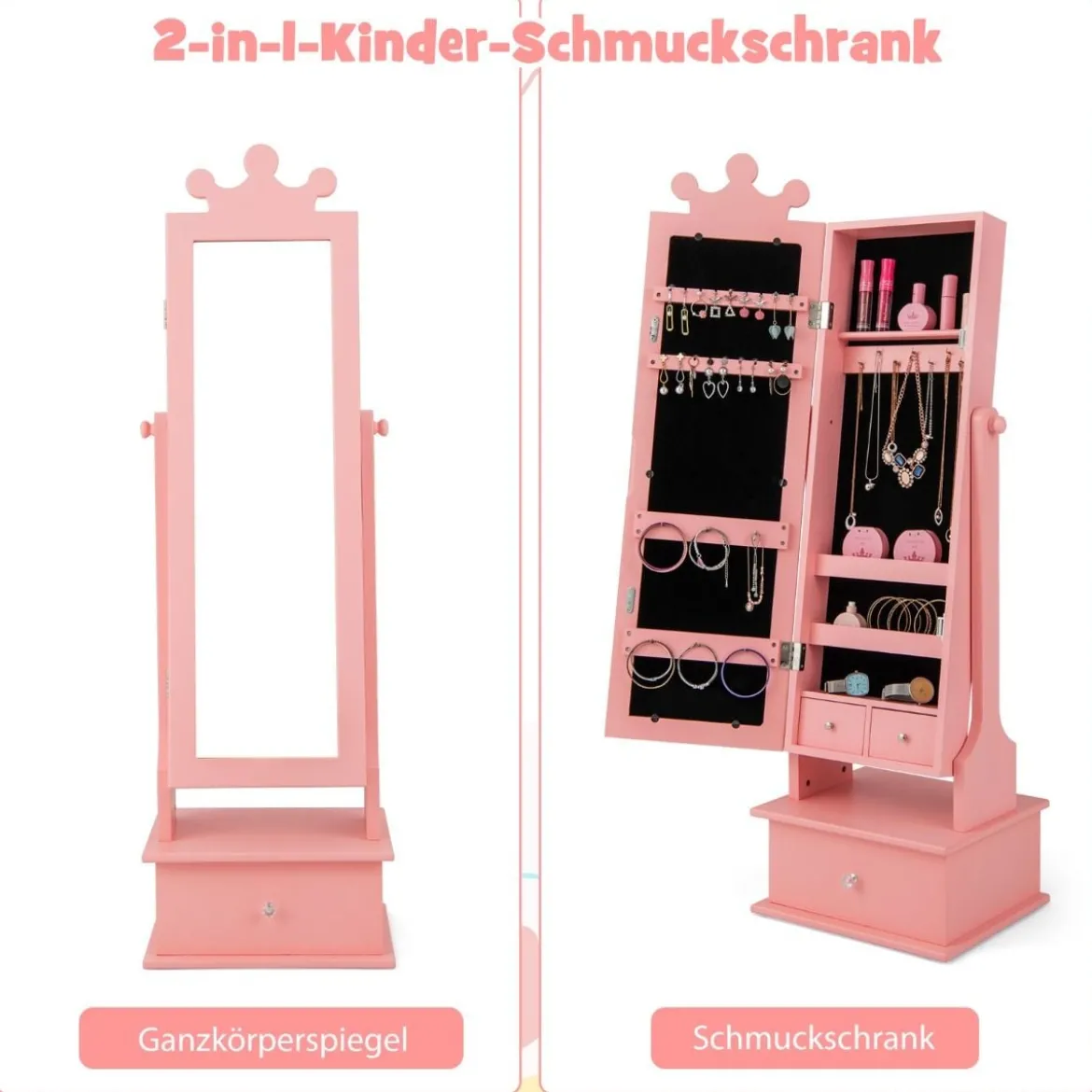Kinder Schmuckschrank mit Ganzkörperspiegel & 2 Neigungswinkeln & 3 Schubladen Rosa