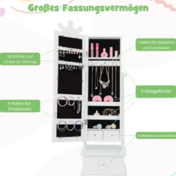 Kinder Schmuckschrank mit Ganzkörperspiegel & 2 Neigungswinkeln & 3 Schubladen Weiß